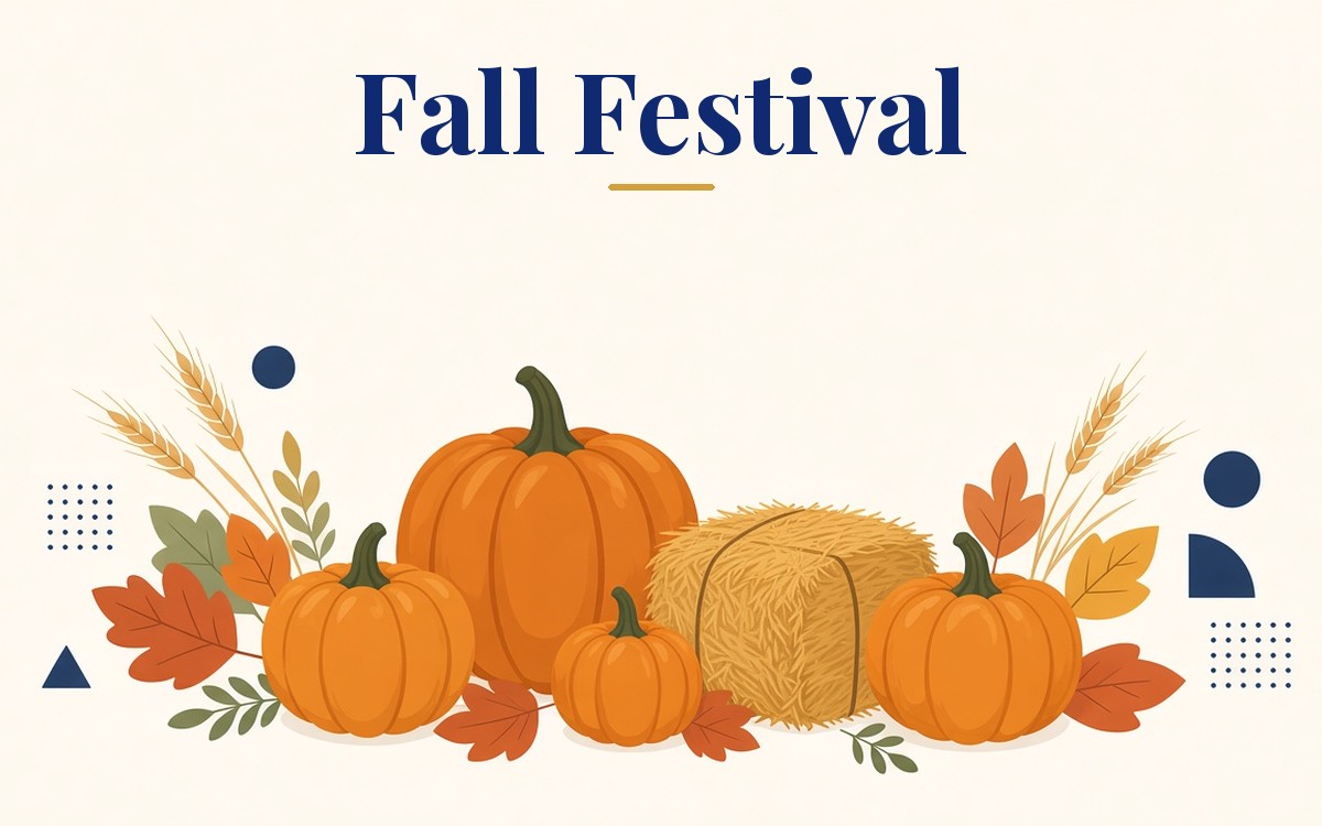 Fall Festival: pumpkins, a hay bale and autumn leaves